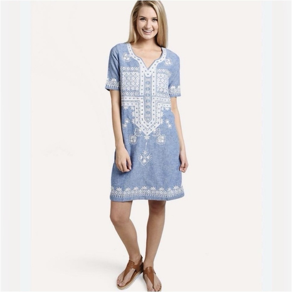 Roller Rabbit Solana Embroidered Chambray Shift Dress Sz L